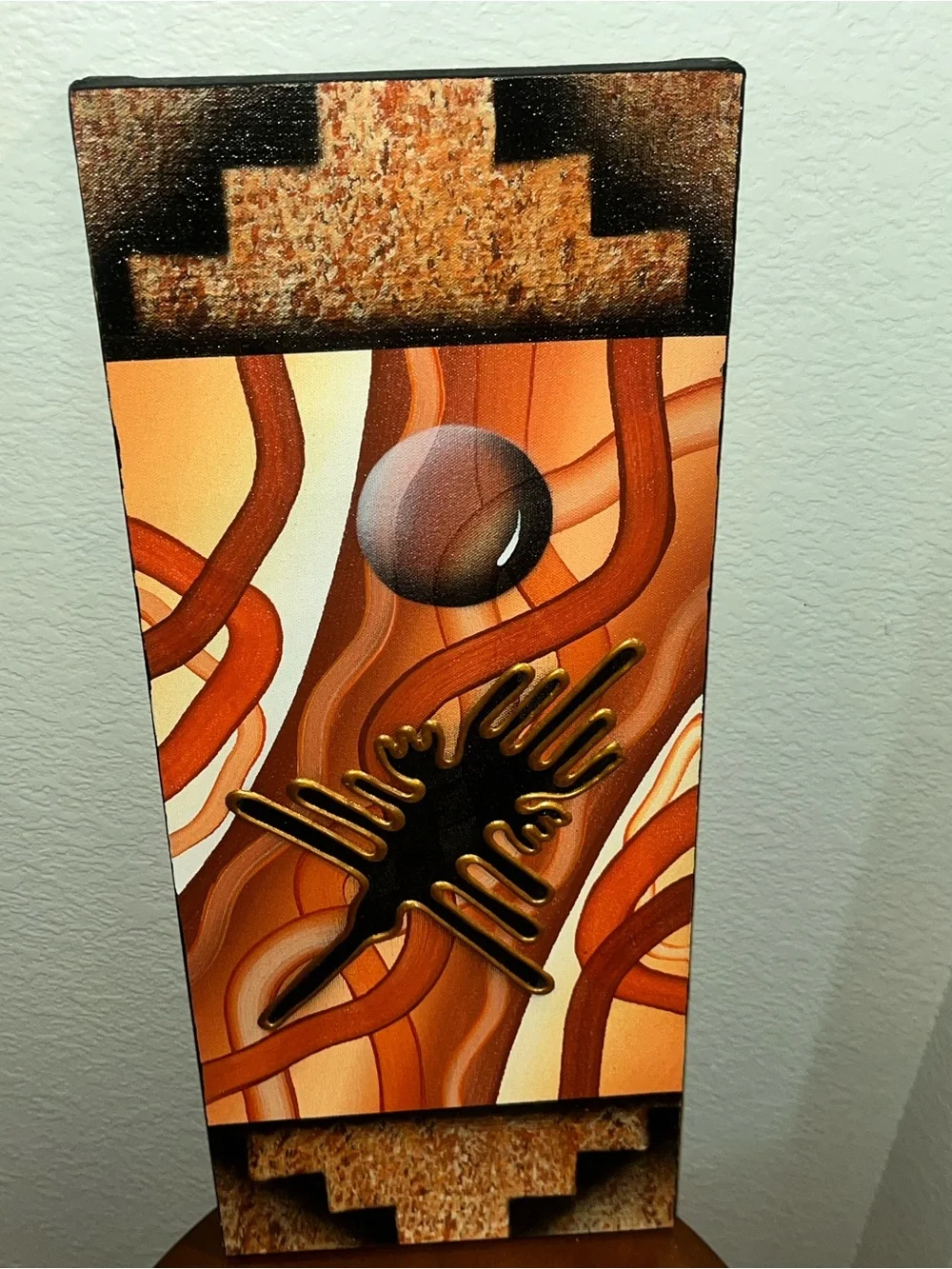 Original Peruvian Triptych Artist Signed Orange/Black/Gold Paint on Canvas 7x21